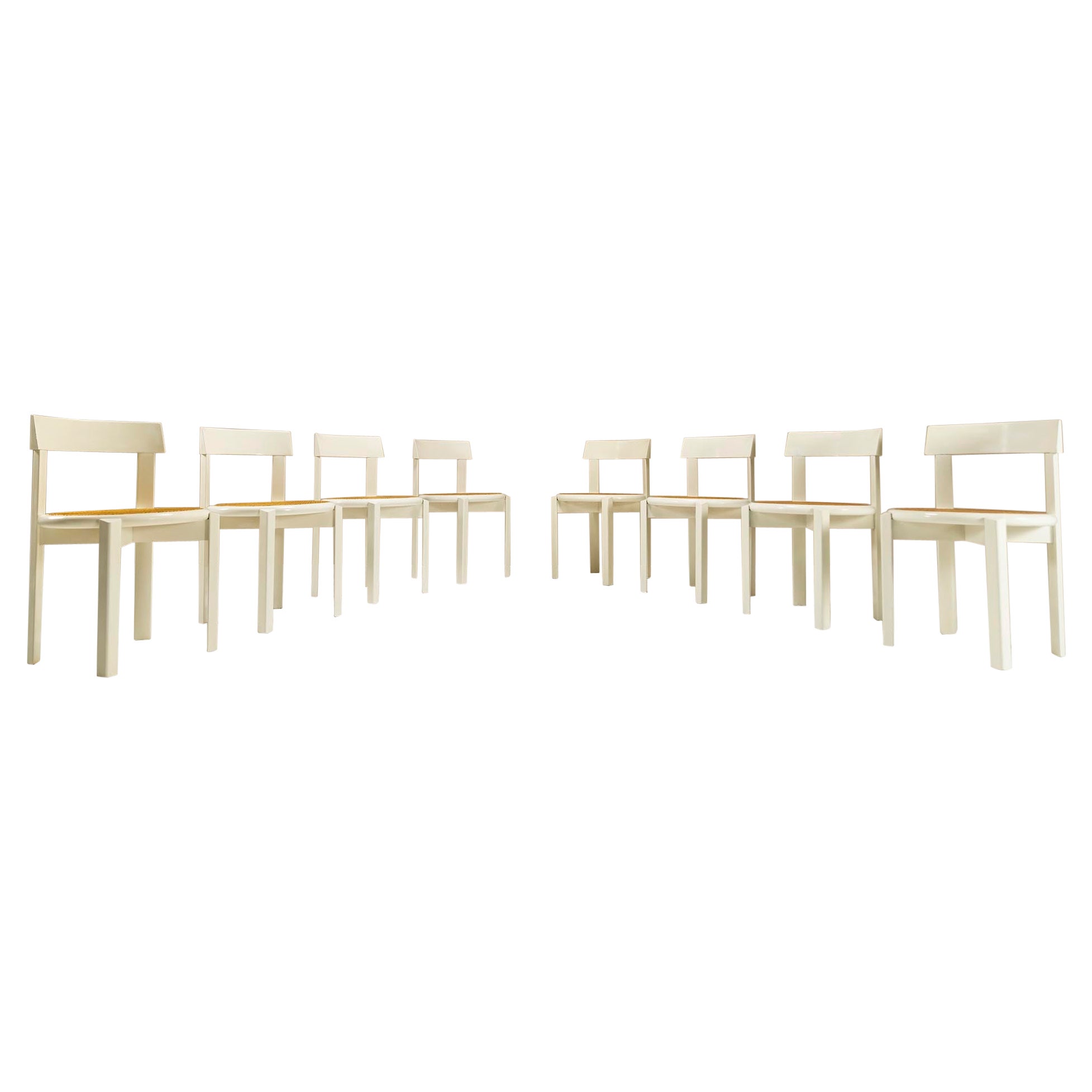 Set of 8 Dining Chairs in White Lacquered Wood and Wicker, Italy, 1980s