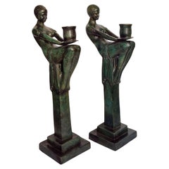 Art Deco Style Large Bronze Candleholders, Sweden, 1990s