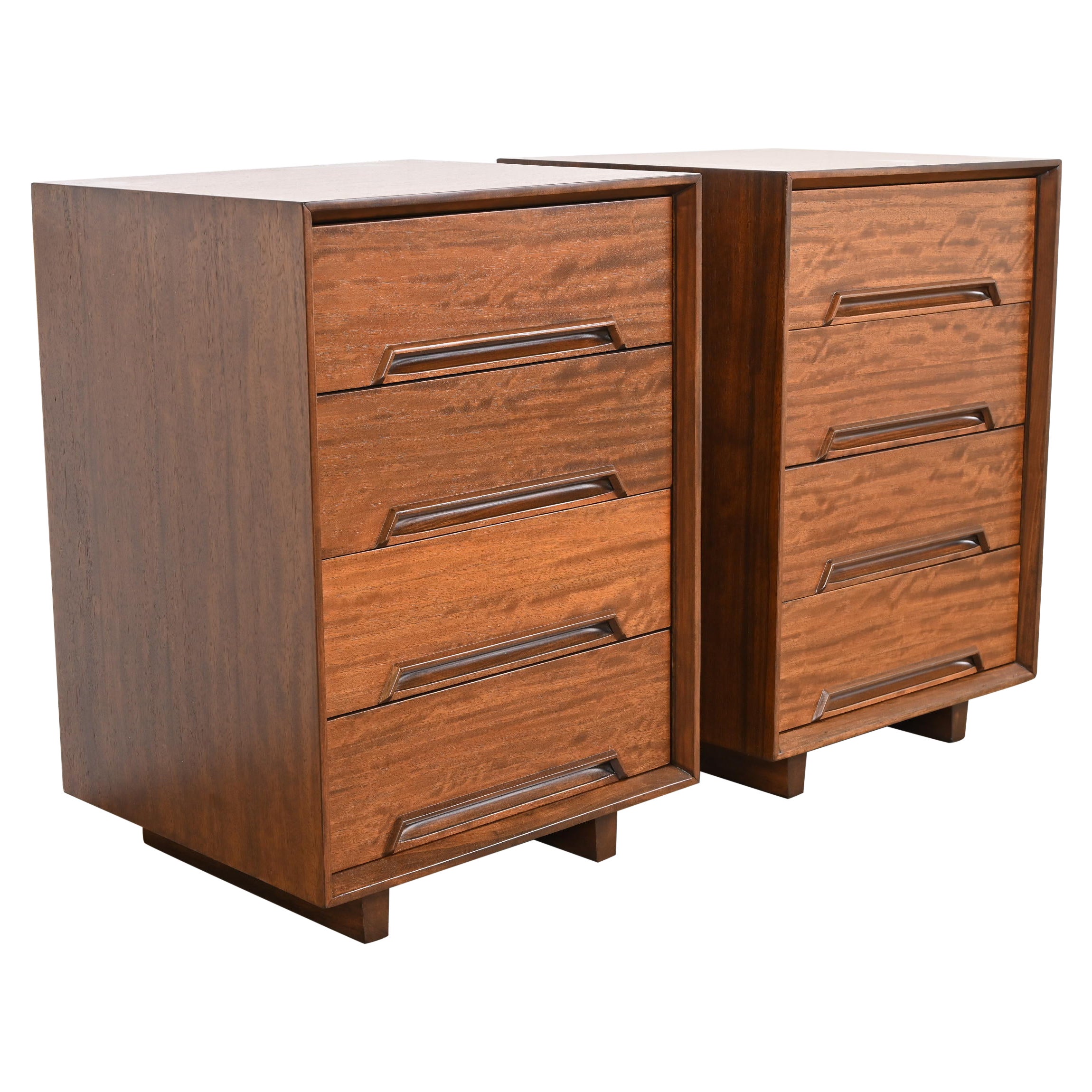 Milo Baughman for Drexel Exotic Mindoro Wood Bedside Chests, Newly Refinished For Sale