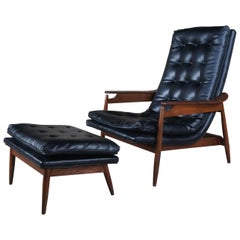 Milo Baughman Mid-Century Modern Schwarzer Loungesessel mit Rundhalsausschnitt und Ottomane