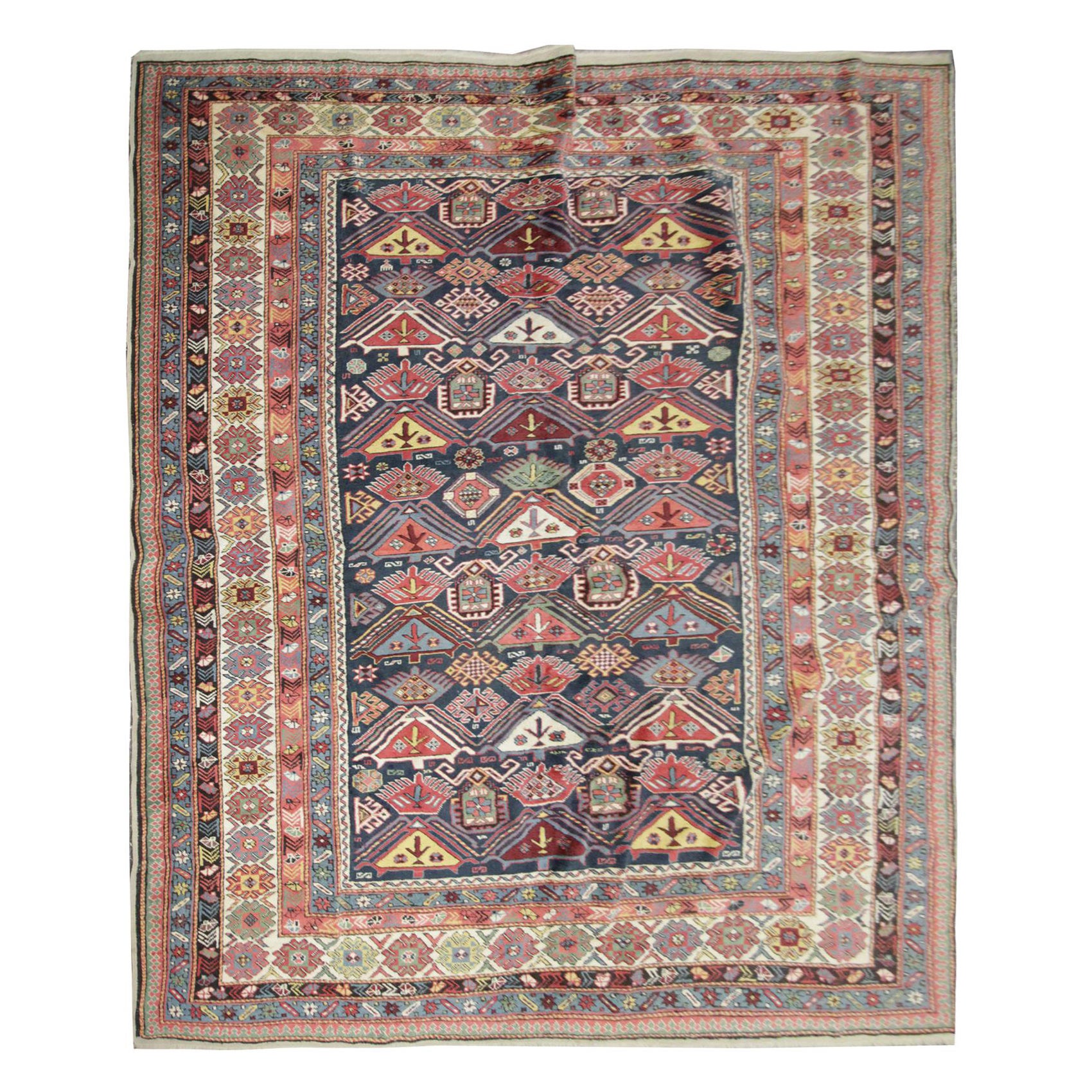 Antique Rug, Handmade Carpet Oriental Caucasian Rug, Living Room Rug for Sale