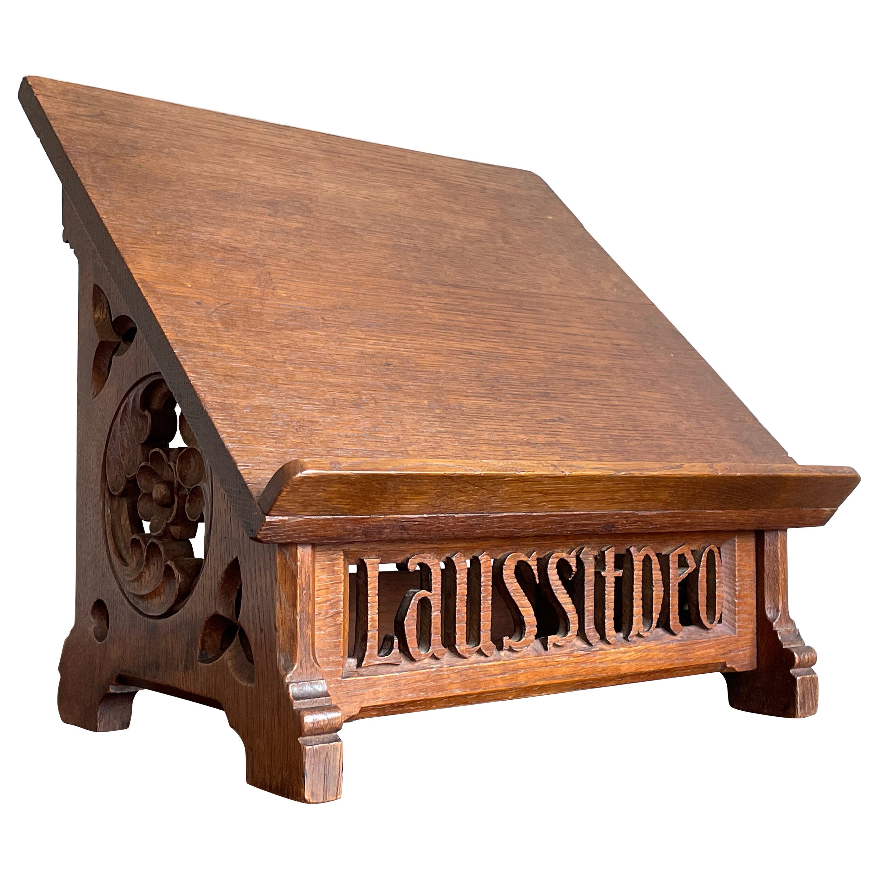 Antique Oak Gothic Church Bible / Book Stand with Open Carved Text Laus Sit Deo For Sale