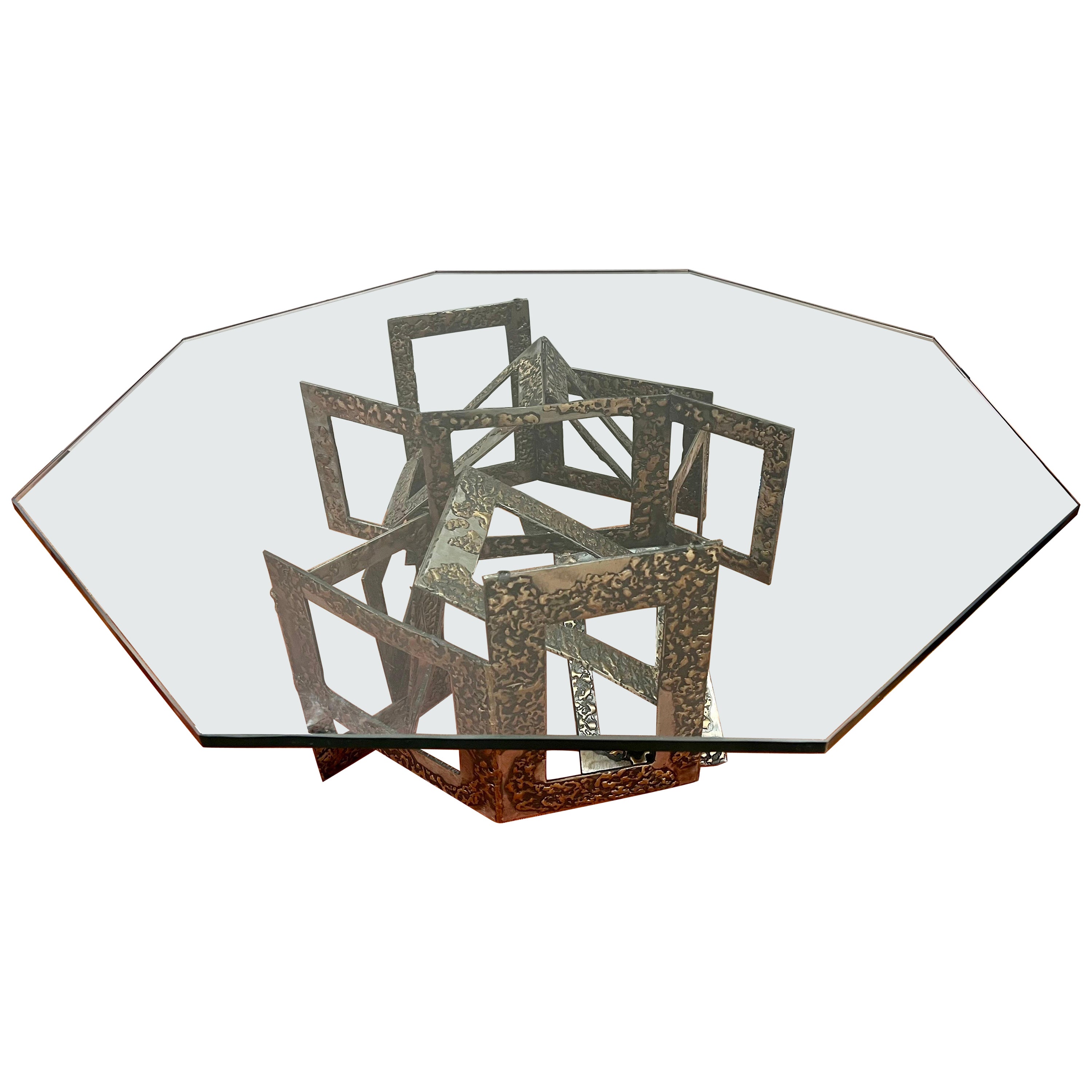 Brutalist Hammered Metal and Glass Sculptural Octagonal Cocktail Coffee Table For Sale