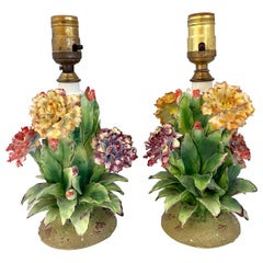 Vintage Rare Pair of Diminutive Capodimonte Porcelain Floral Bedside Table Lamps