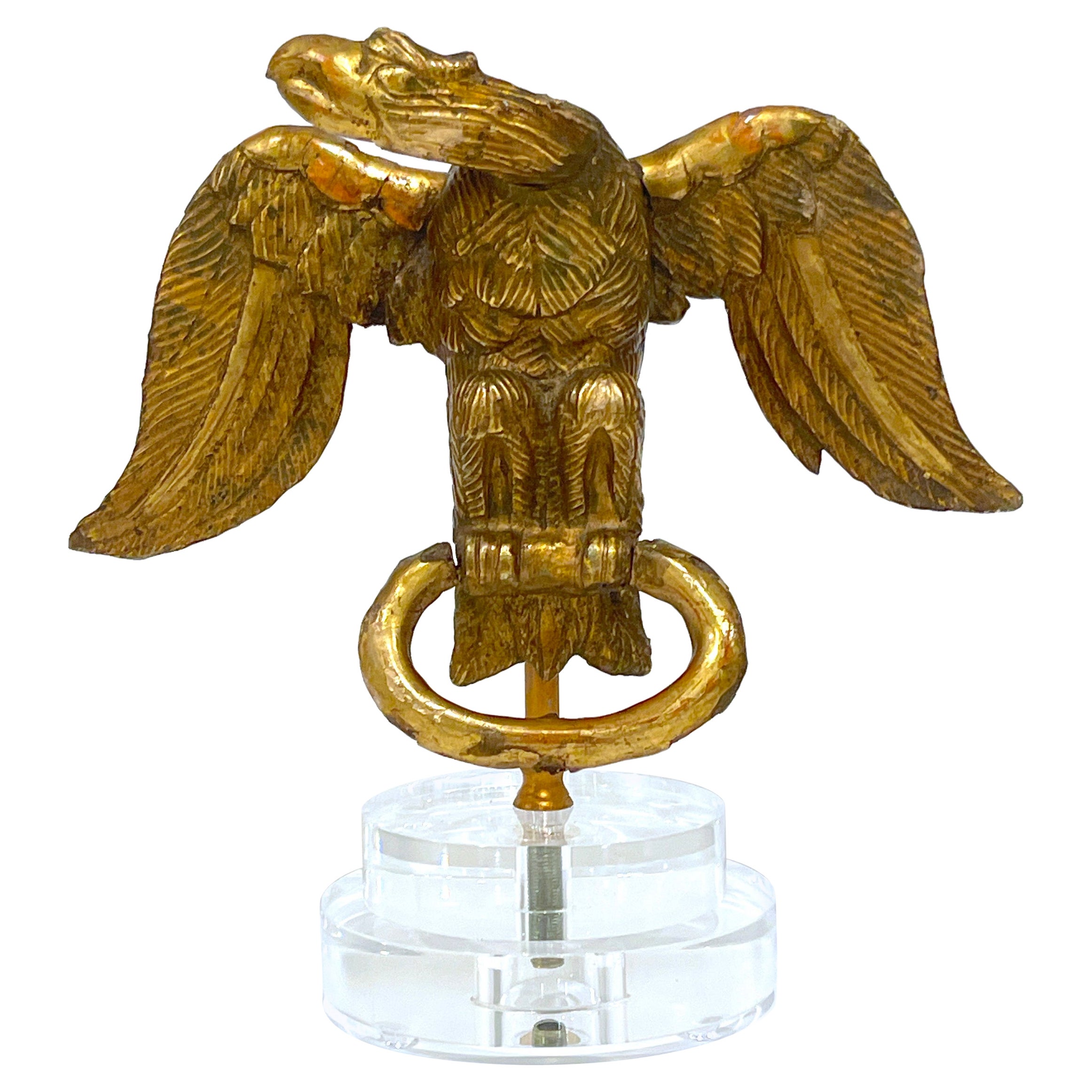18th C. English Carved Giltwood Eagle Facing Left, on Lucite Pedestal Base For Sale