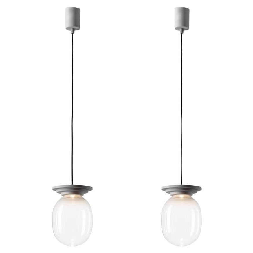 Set of 2 Silver and Clear Stratos Big Capsule Pendant Light by Dechem Studio