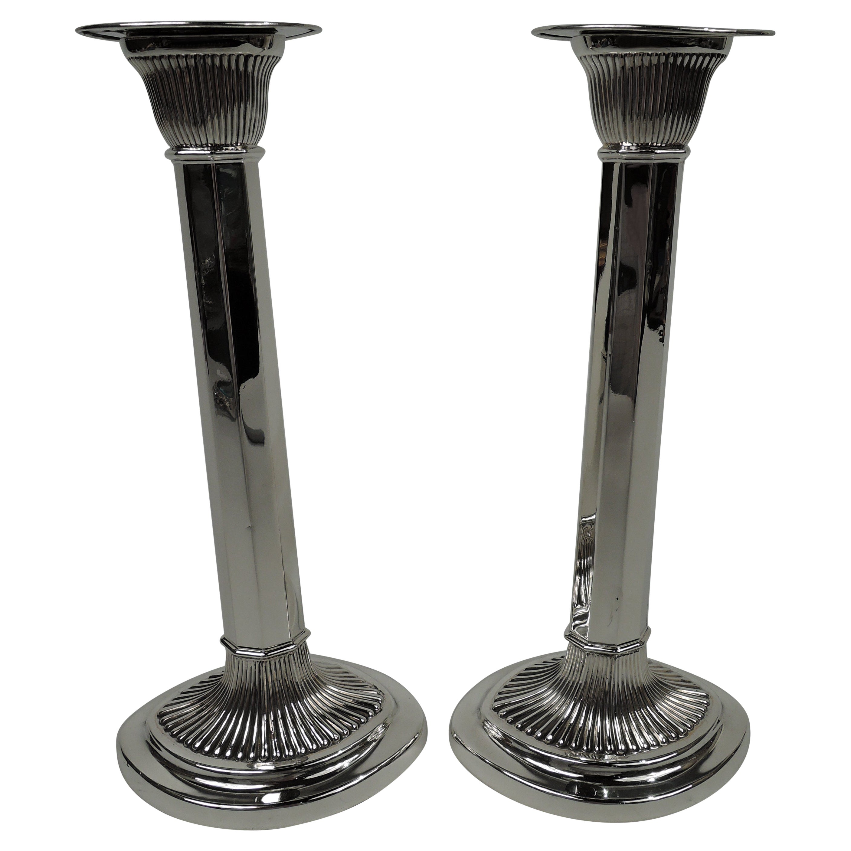 Pair of Gorham Edwardian Modern Classical Sterling Silver Candlesticks For Sale