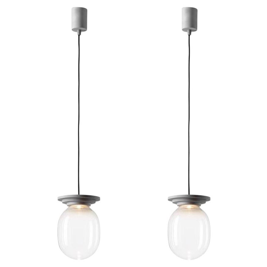 Set of 2 Silver and Clear Stratos Big Capsule Pendant Light by Dechem Studio For Sale
