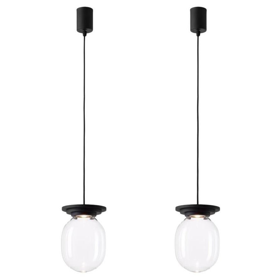Set of 2 Black and Clear Stratos Big Capsule Pendant Light by Dechem Studio For Sale