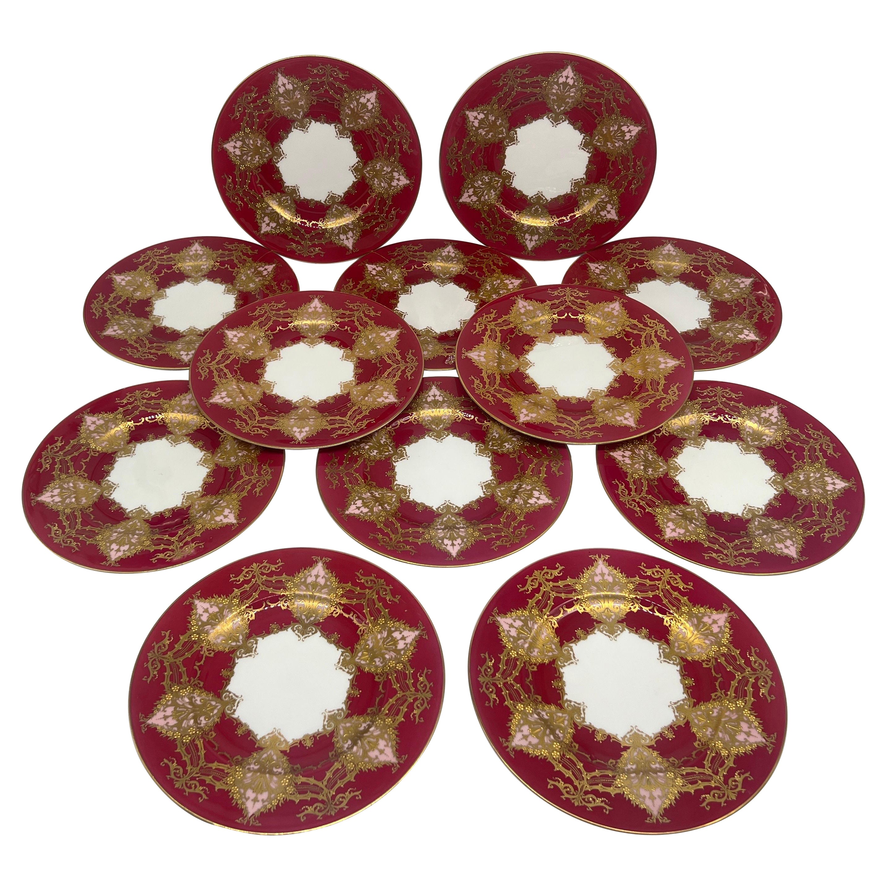 Set of 12 Royal Worcester Two- Tone Heavily Raised Gilt Decorated Dinner Plates For Sale