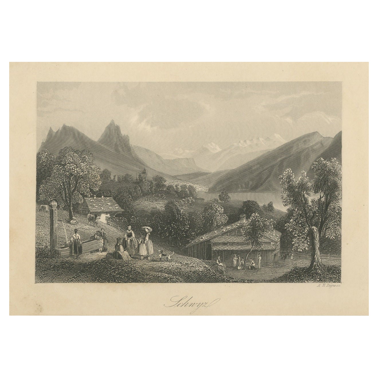 Antique Print of the City of Schwyz, Schwitzerland For Sale