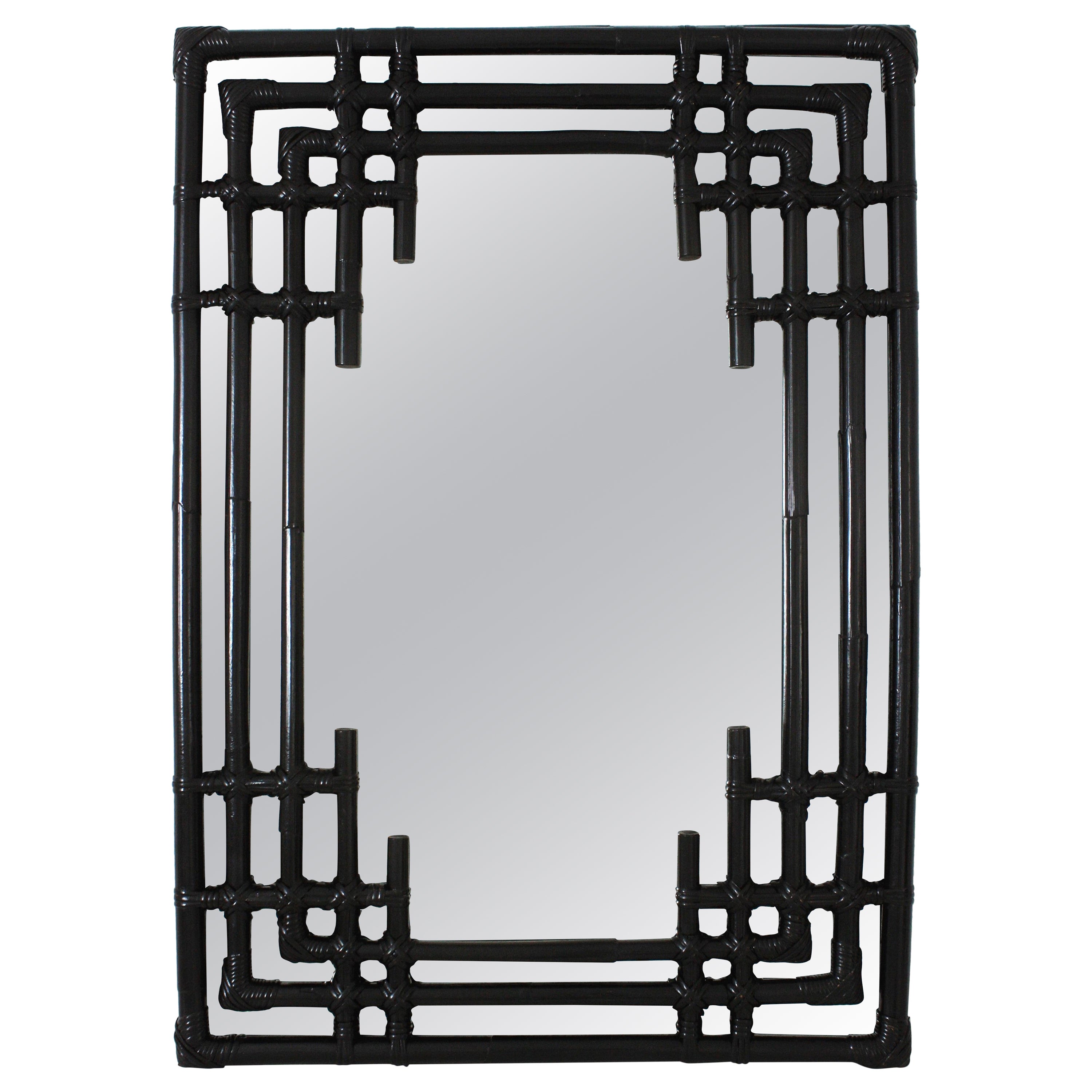 Bamboo Rattan Large Rectangular Mirror with Geometric Black Painted Frame For Sale