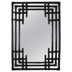 Antique Bamboo Rattan Large Rectangular Mirror with Geometric Black Painted Frame