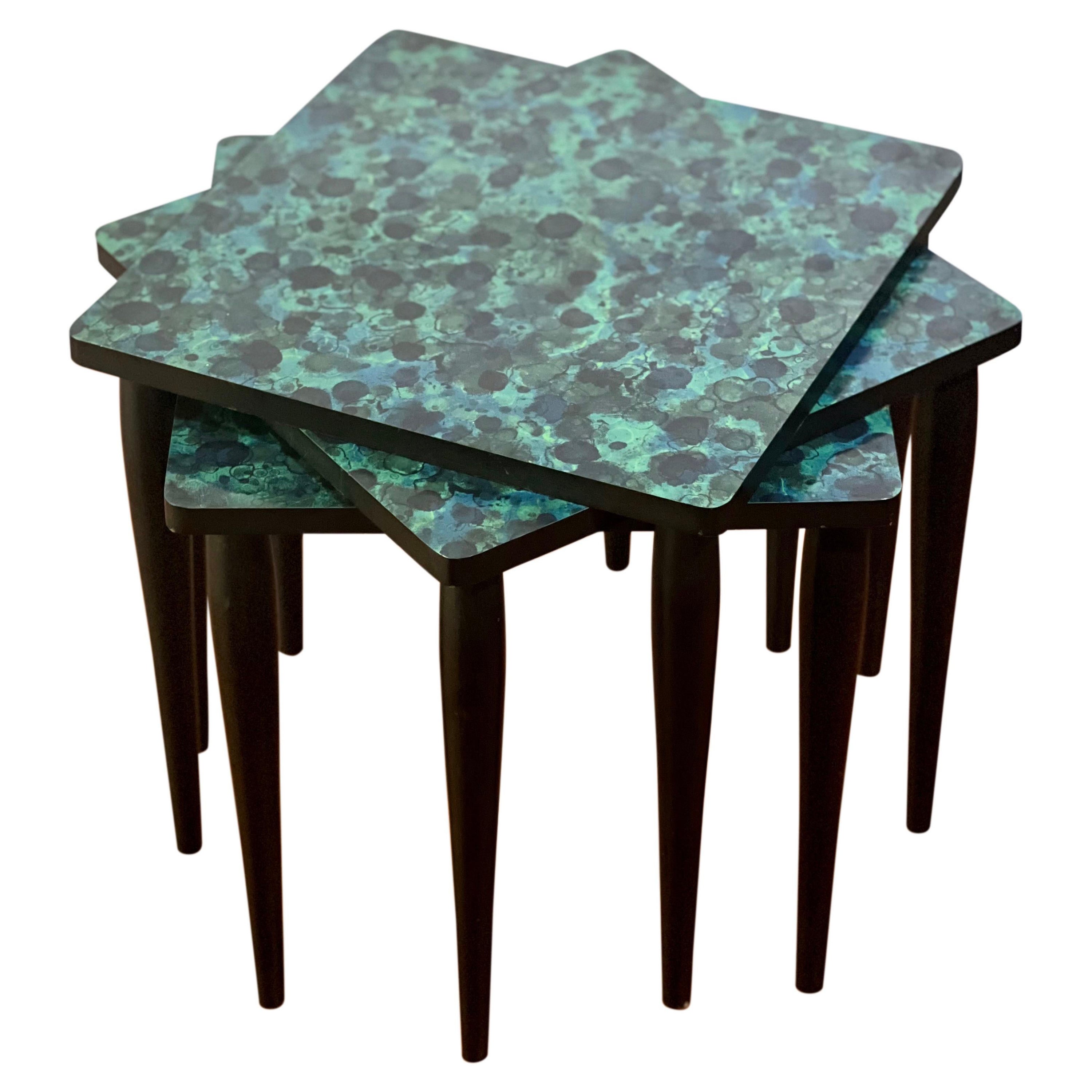 Midcentury Faux Agate Laminate Stacking Tables For Sale