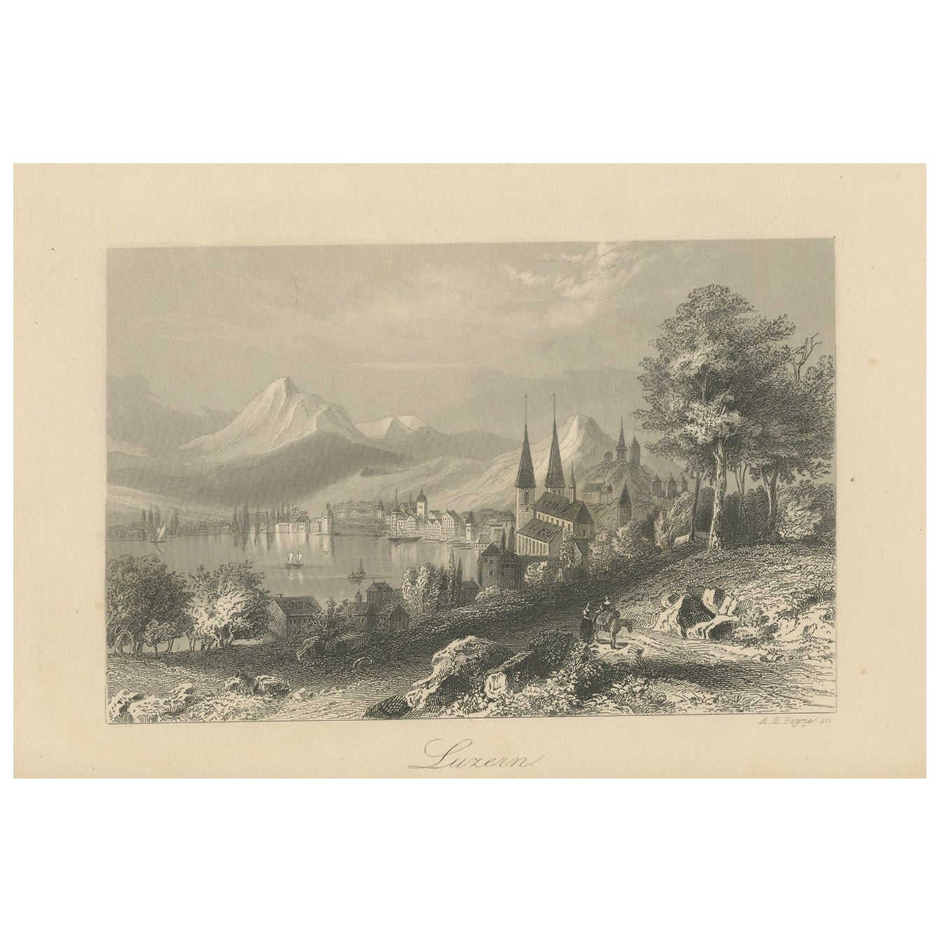 Antique Print of the City of Lucerne, Schwitzerland For Sale