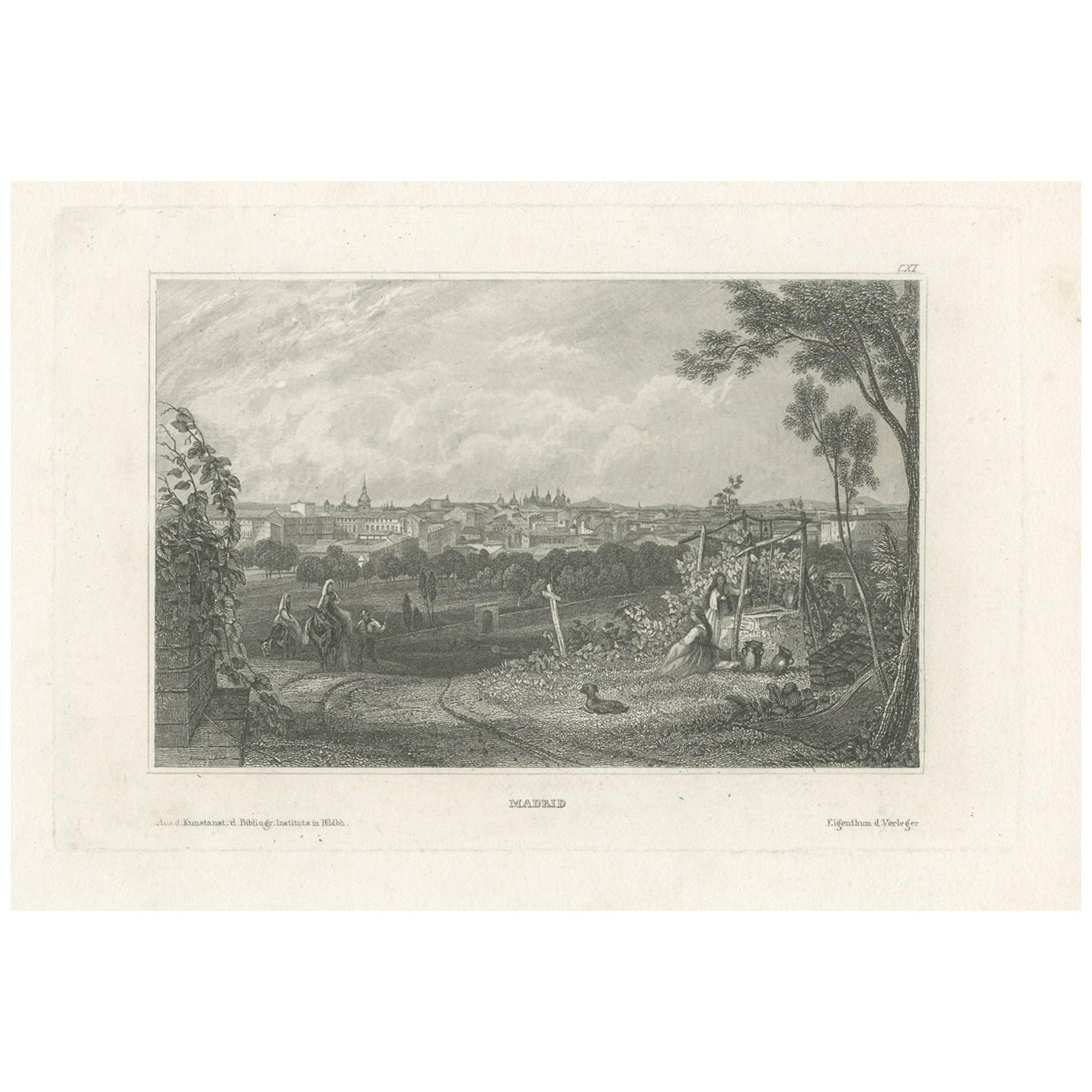 Original Antique Print of the City of Madrid, Spain For Sale