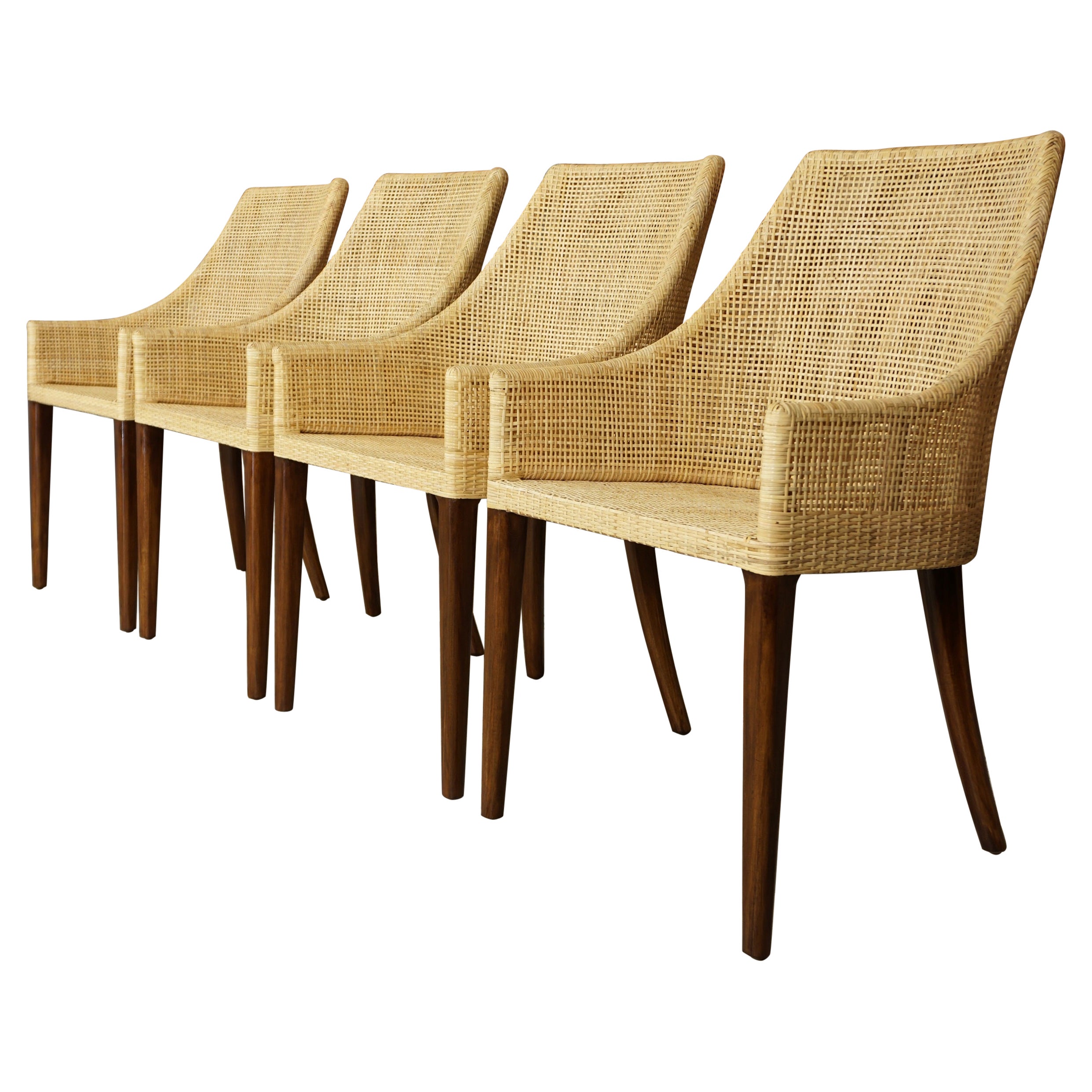 French Design Rattan and Wooden Set of 4 Chairs For Sale