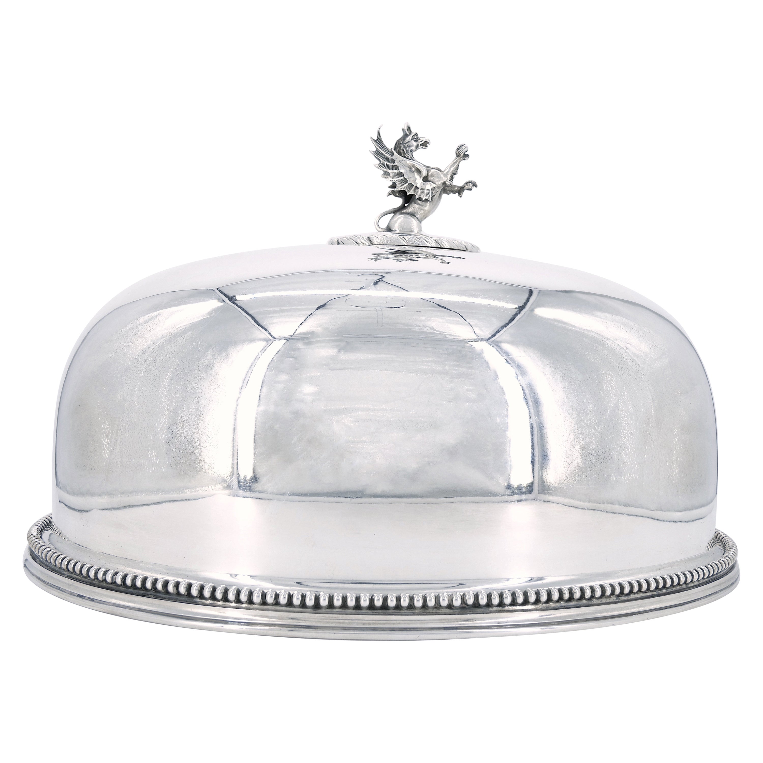 Dome en métal argenté anglais du 19ème siècle avec poignée en forme de dragon