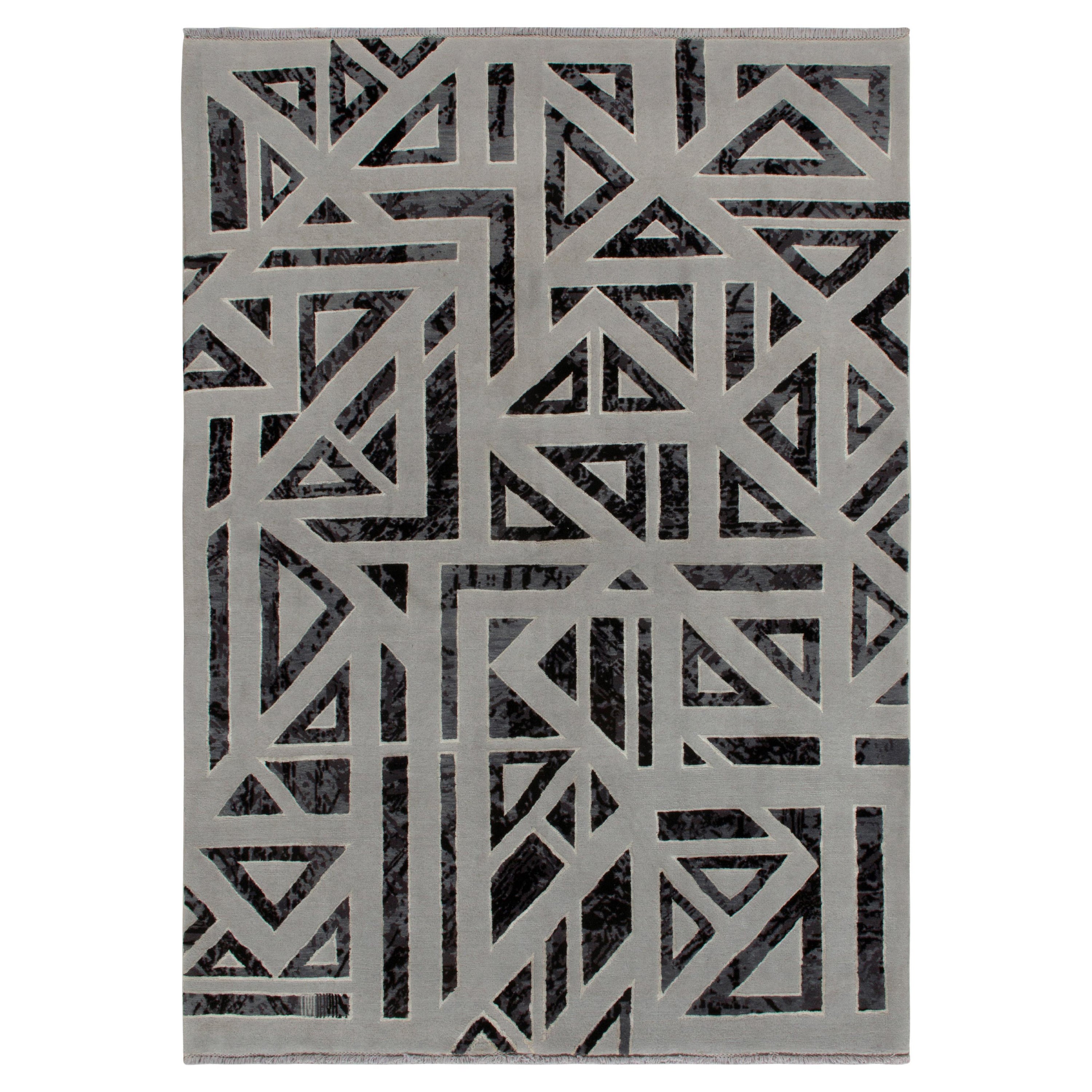 Rug & Kilim’s Art Deco Style Modern Rug in Grey, Black Geometric Pattern For Sale