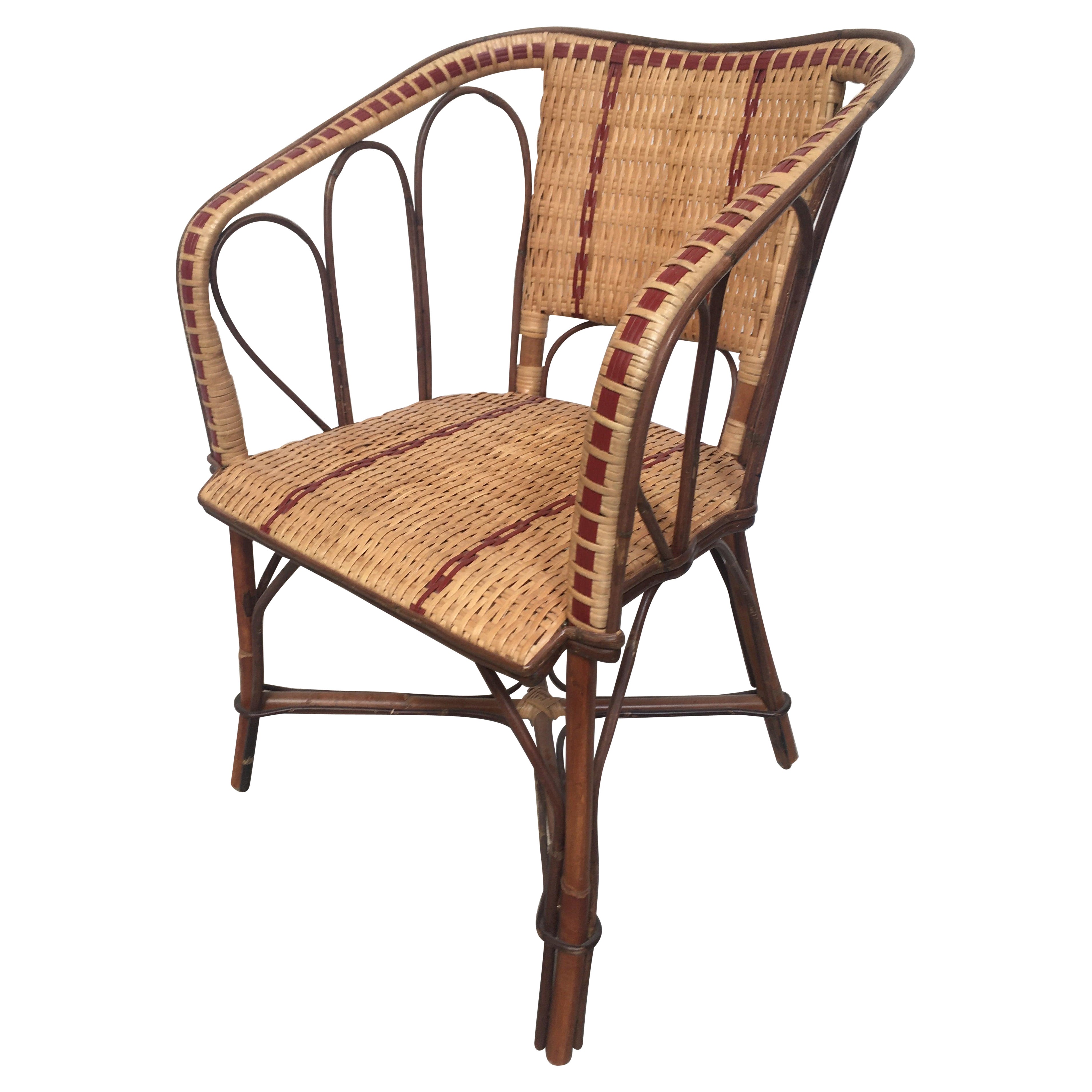 French 1900s Design Bistro Rattan and Wicker Armchair For Sale