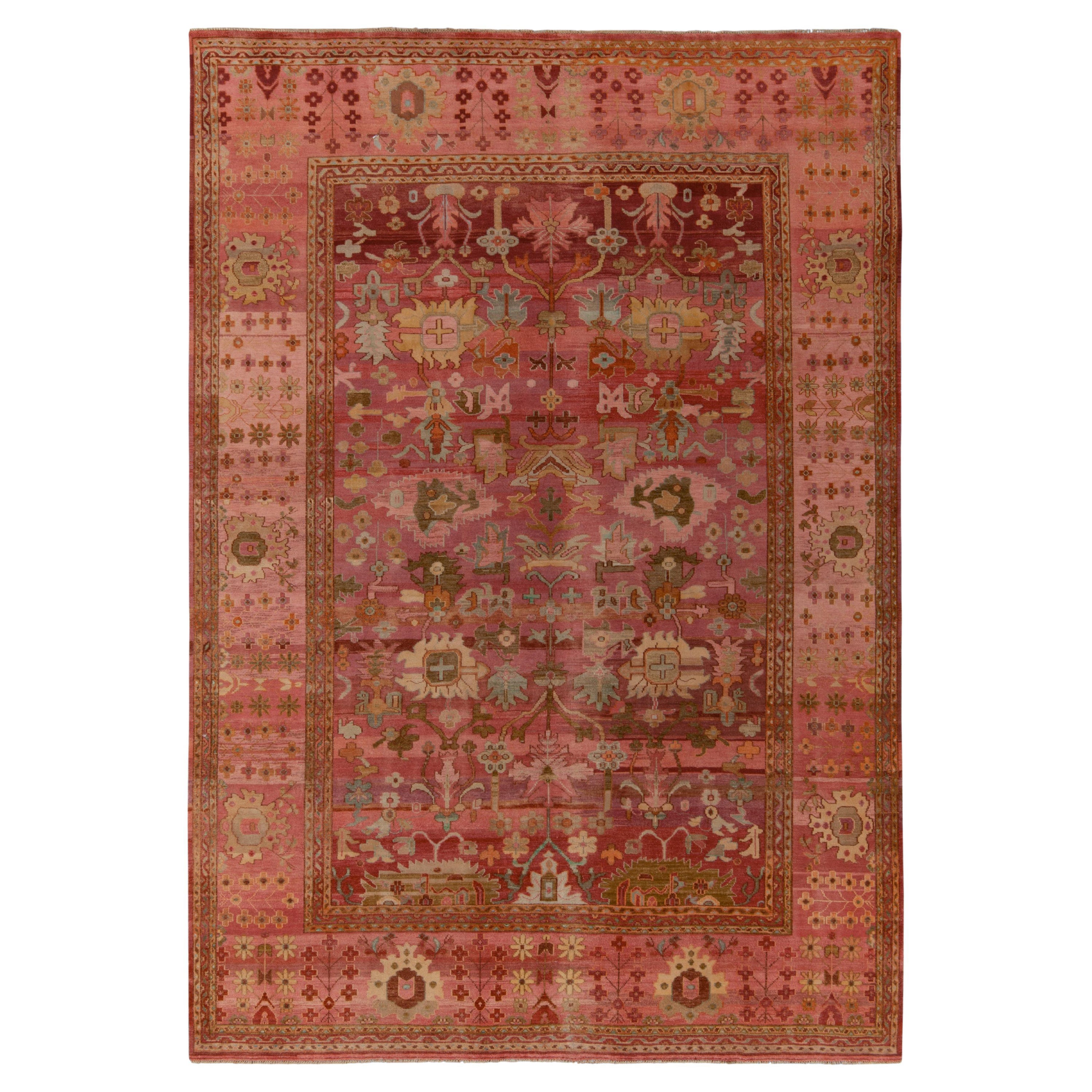 Tapis en soie de style classique de Rug & Kilim à motif floral rose, beige et marron