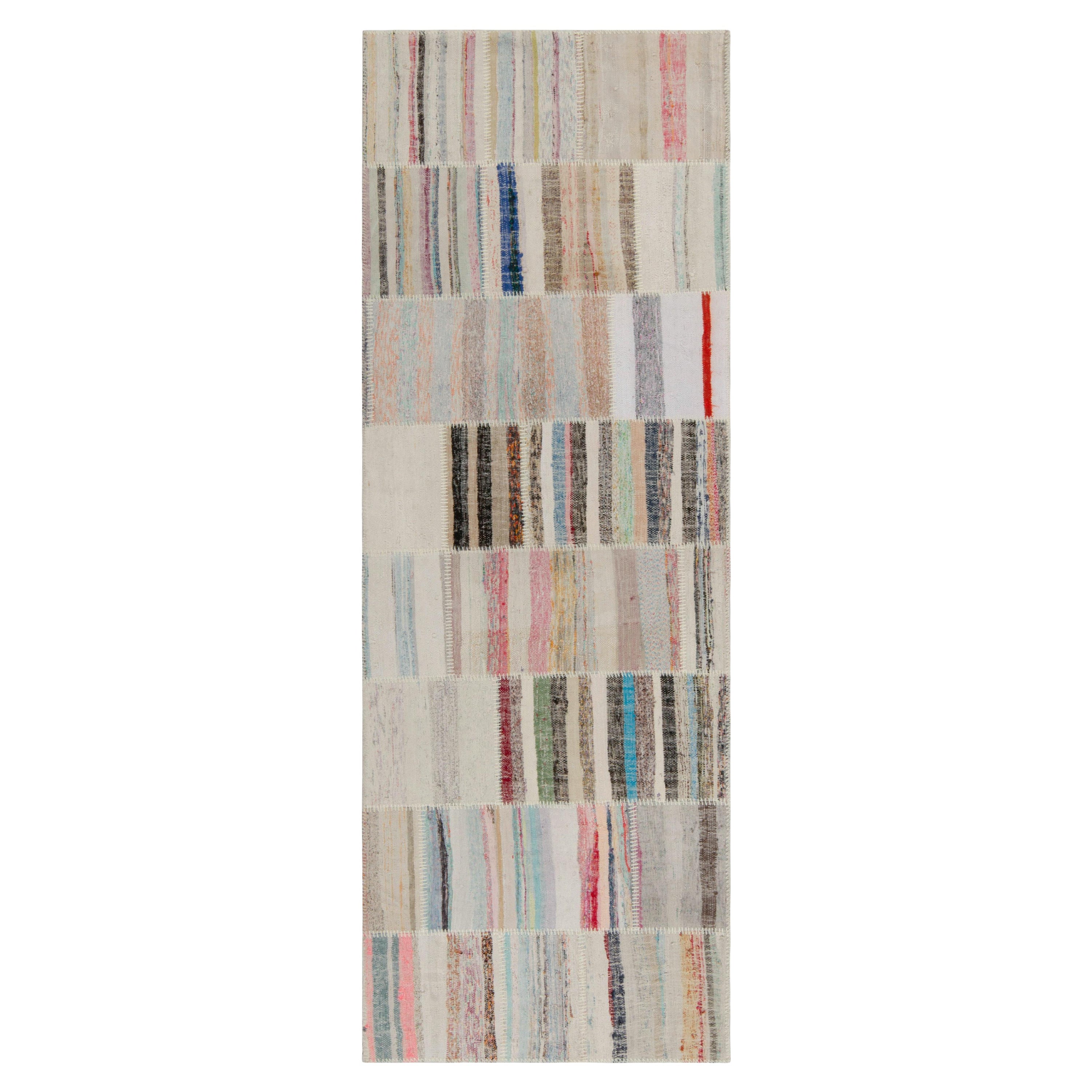 Rug & Kilim’s Handwoven Modern Patchwork Kilim Runner in Multicolor Striation For Sale