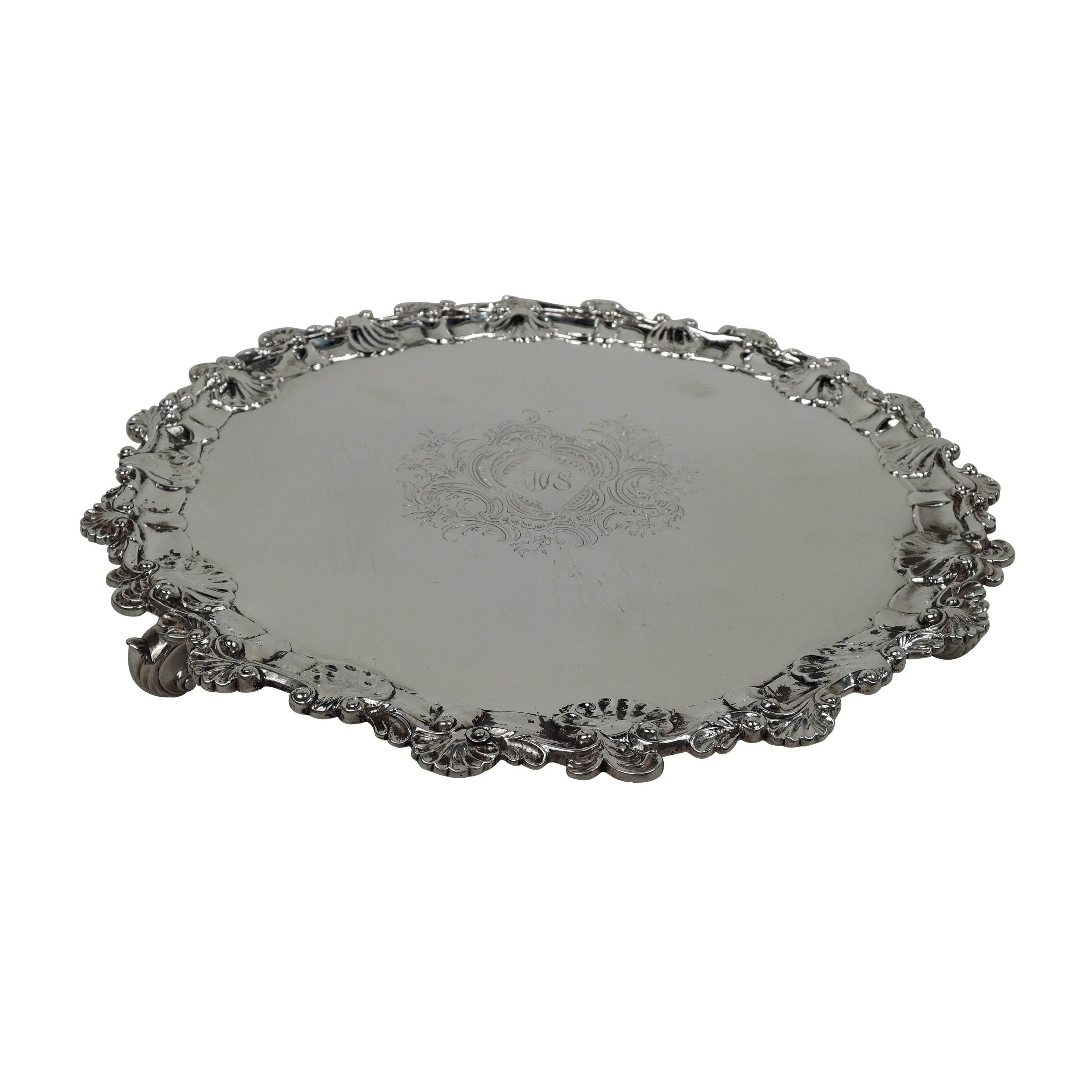 English Georgian Sterling Silver Shell & Leaf Salver Tray by Rugg  For Sale