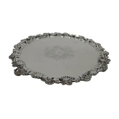 Antique English Georgian Sterling Silver Shell & Leaf Salver Tray by Rugg 