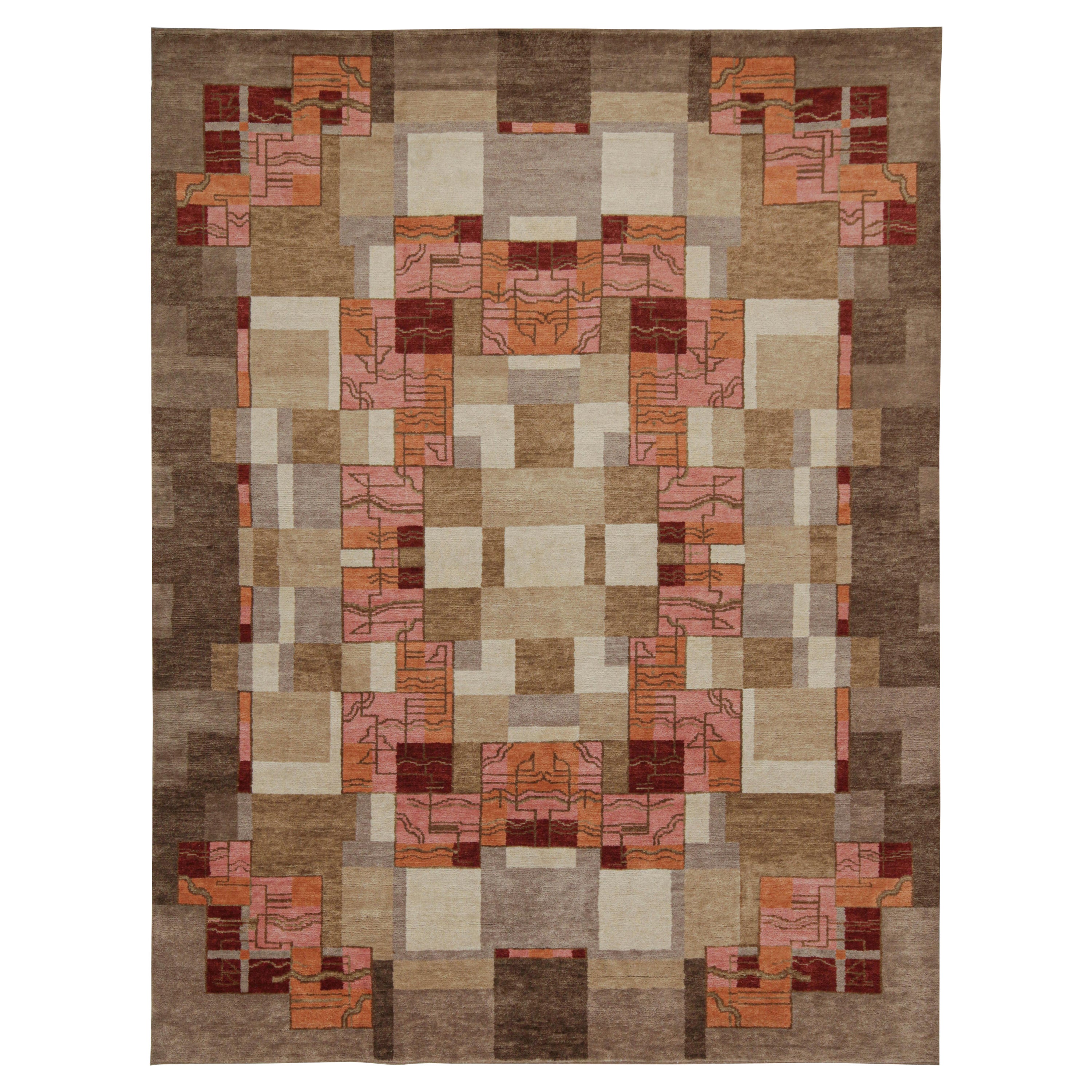 Rug & Kilim’s Swedish Style Art Deco Rug in Brown, Grey, Red, Pink Patterns For Sale