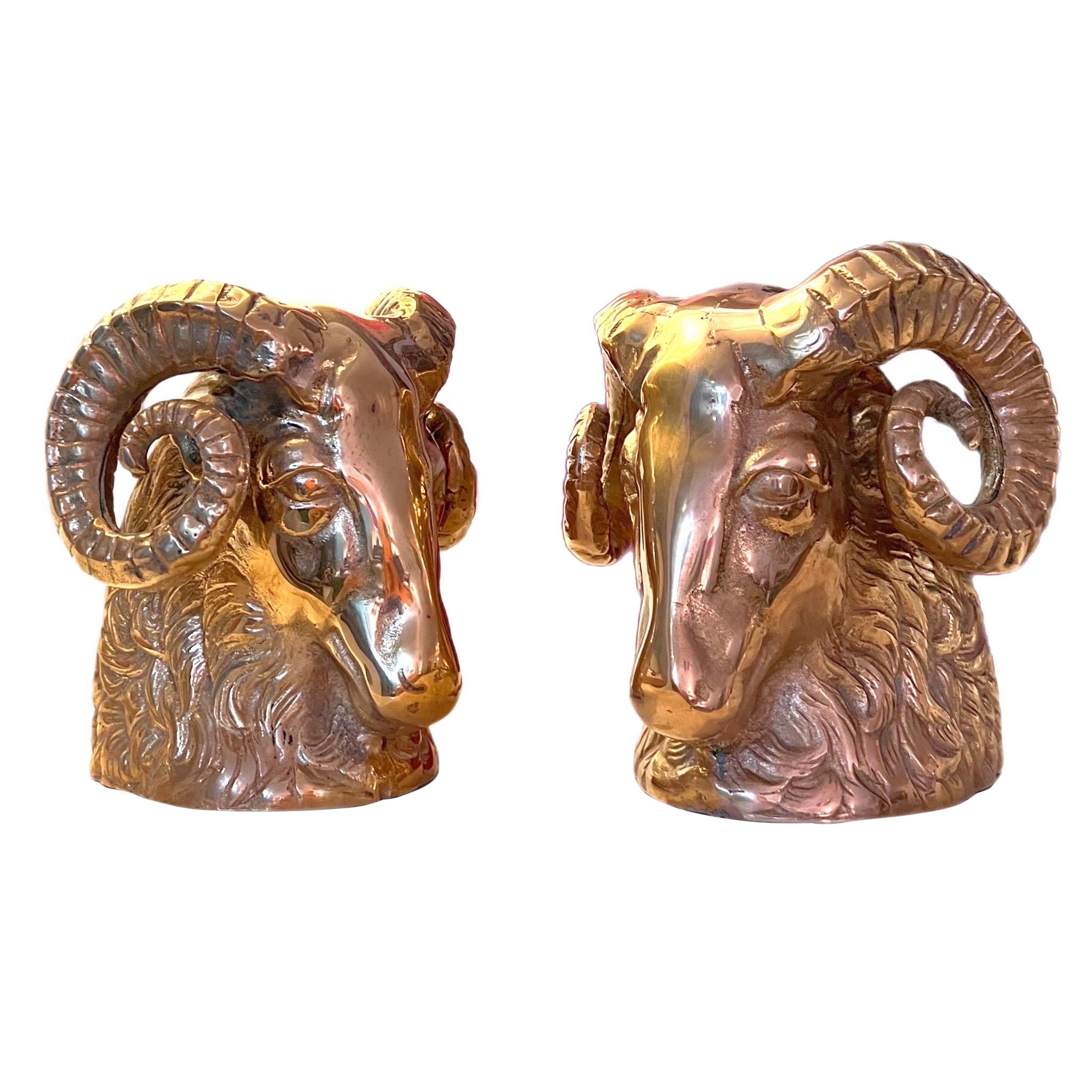 Vintage Brass Big Horn Ram Bookends, a Pair For Sale