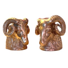 Vintage Brass Big Horn Ram Bookends, a Pair