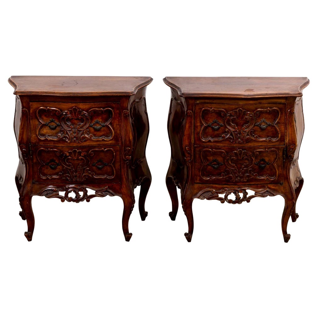 Pair Italian Walnut One Door One Drawer End Tables For Sale