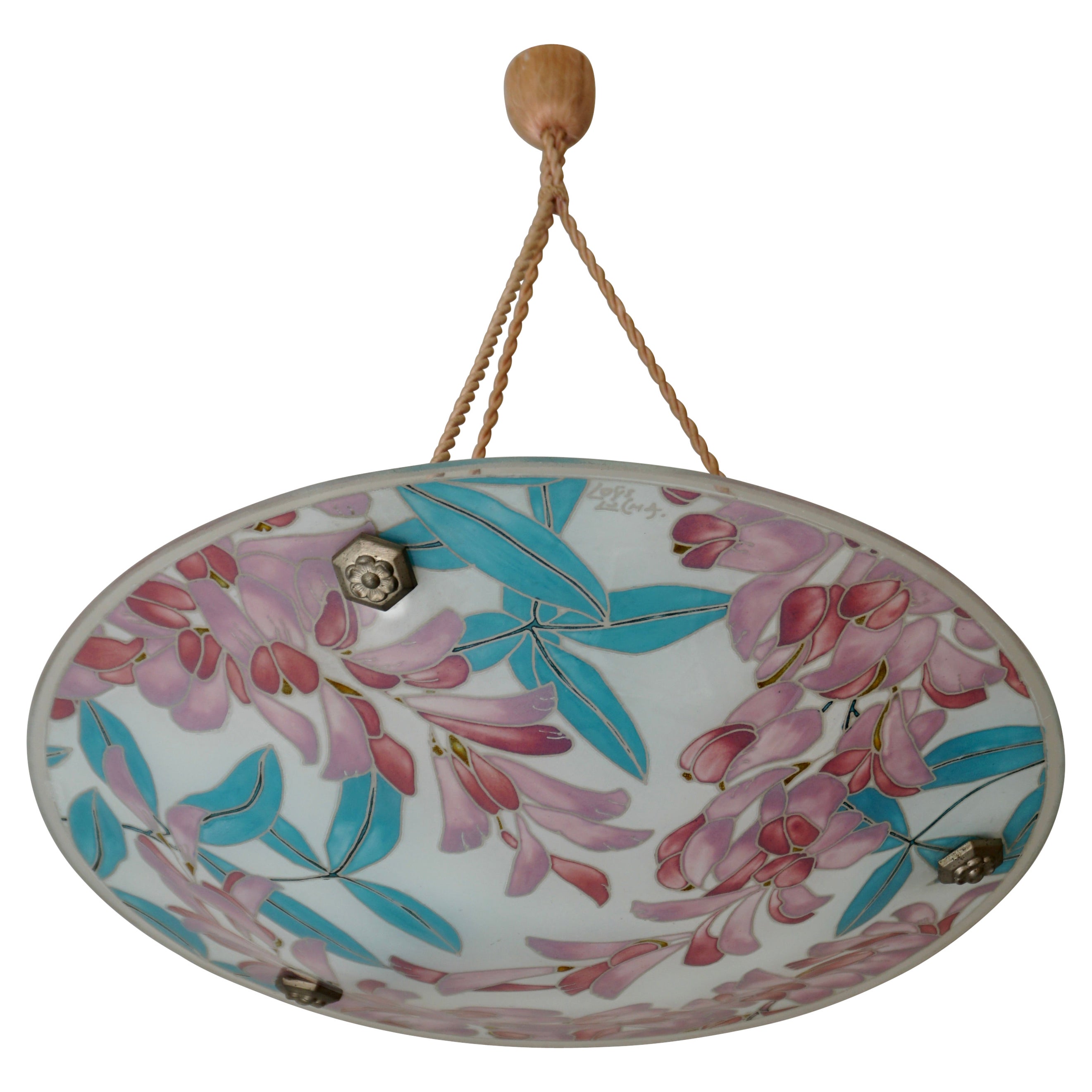 Lampe à suspension Art déco française Loys Lucha en verre à motifs floraux organiques et vibrants 