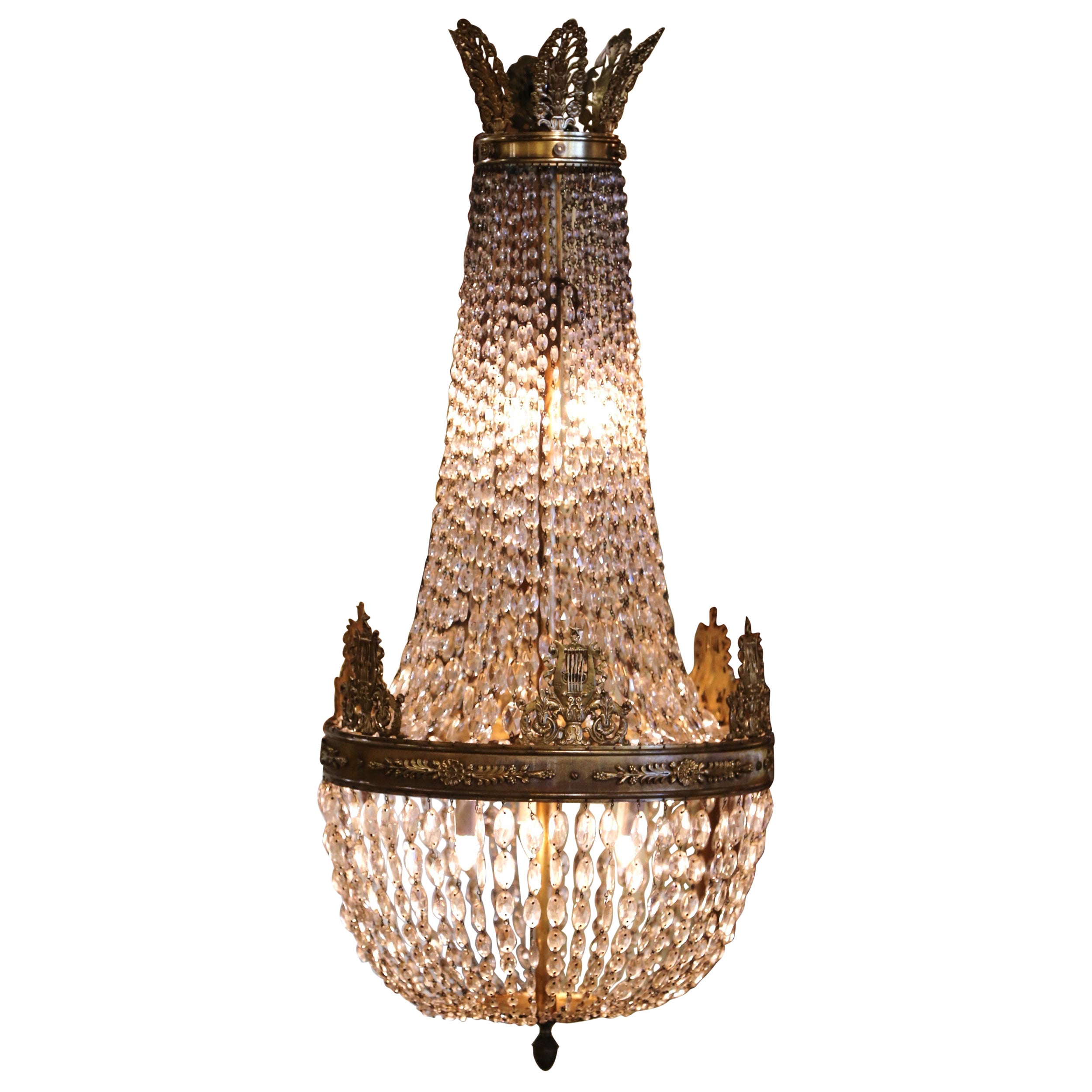 19th Century French Crystal and Bronze Five-Light Basket Chandelier