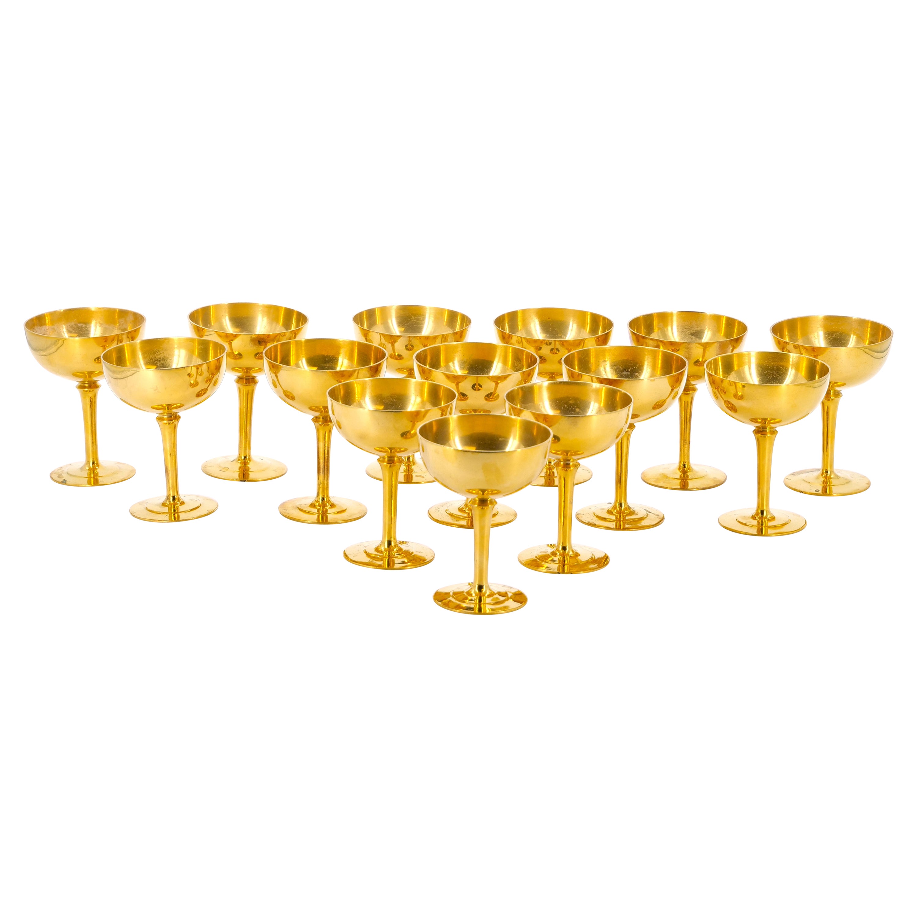 English Sheffield Gilt Champagne coupe / Wine Goblets Service / 14 People For Sale