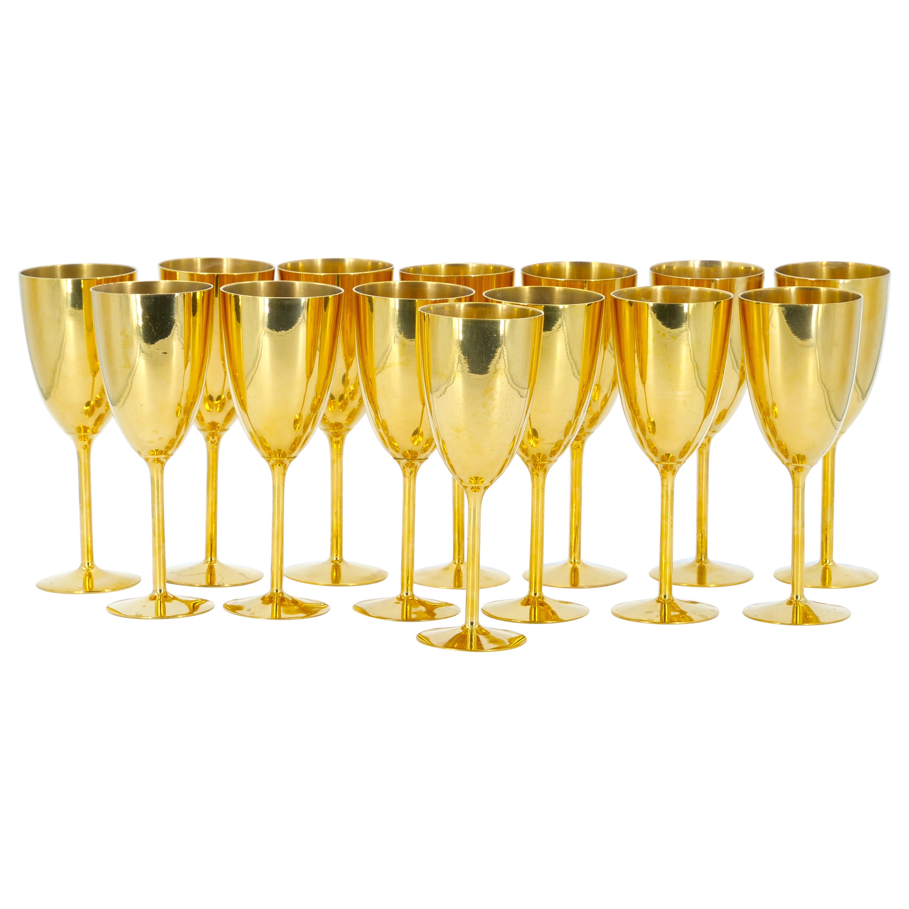 Tall English Sheffield Gilt wine / Water Goblets Service / 14 People For Sale