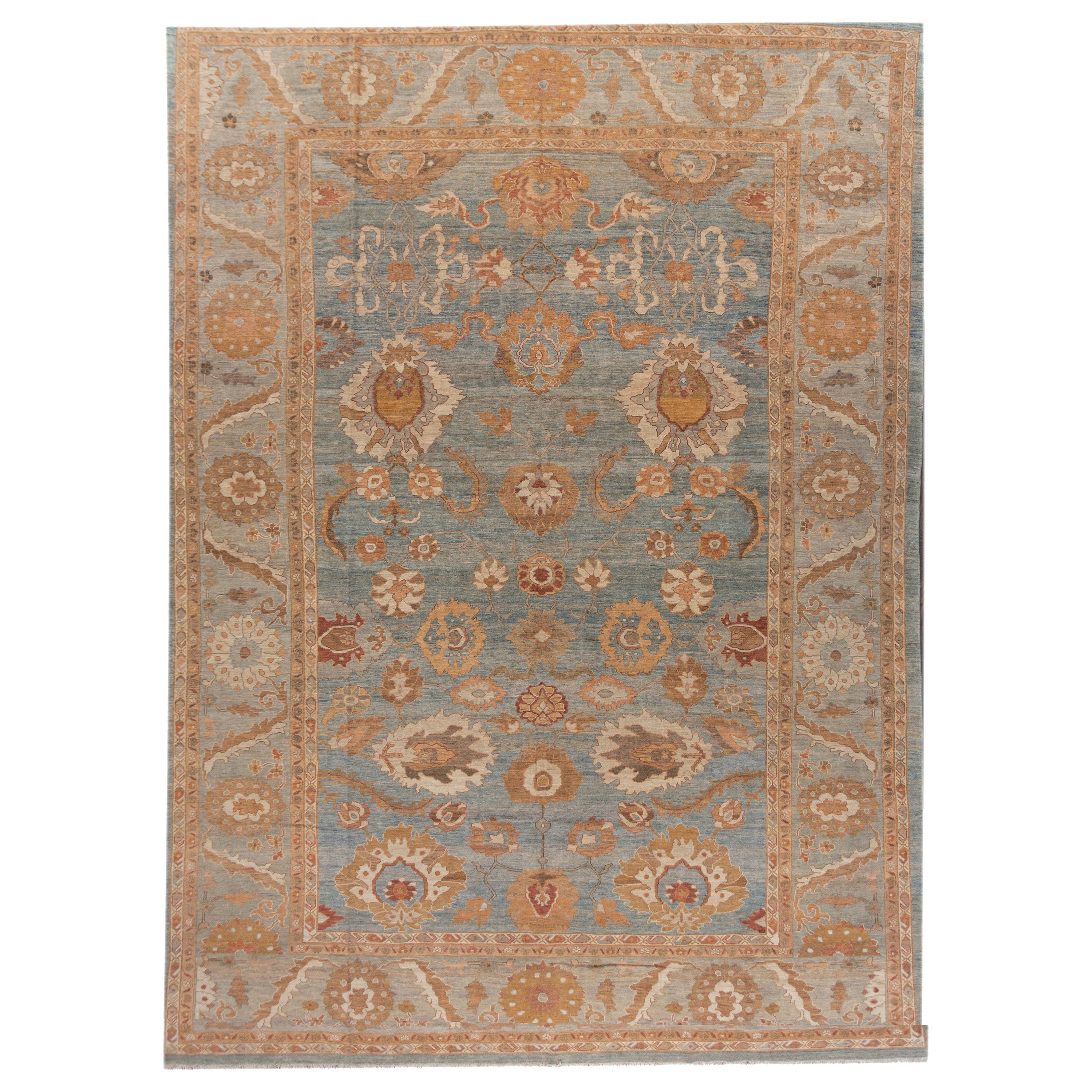 Modern Blue Sultanabad Wool Rug Handmade with Floral Design For Sale