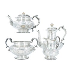 English Silver Plate Four Piece Tea / Coffee Service / Exterior Engraved Details