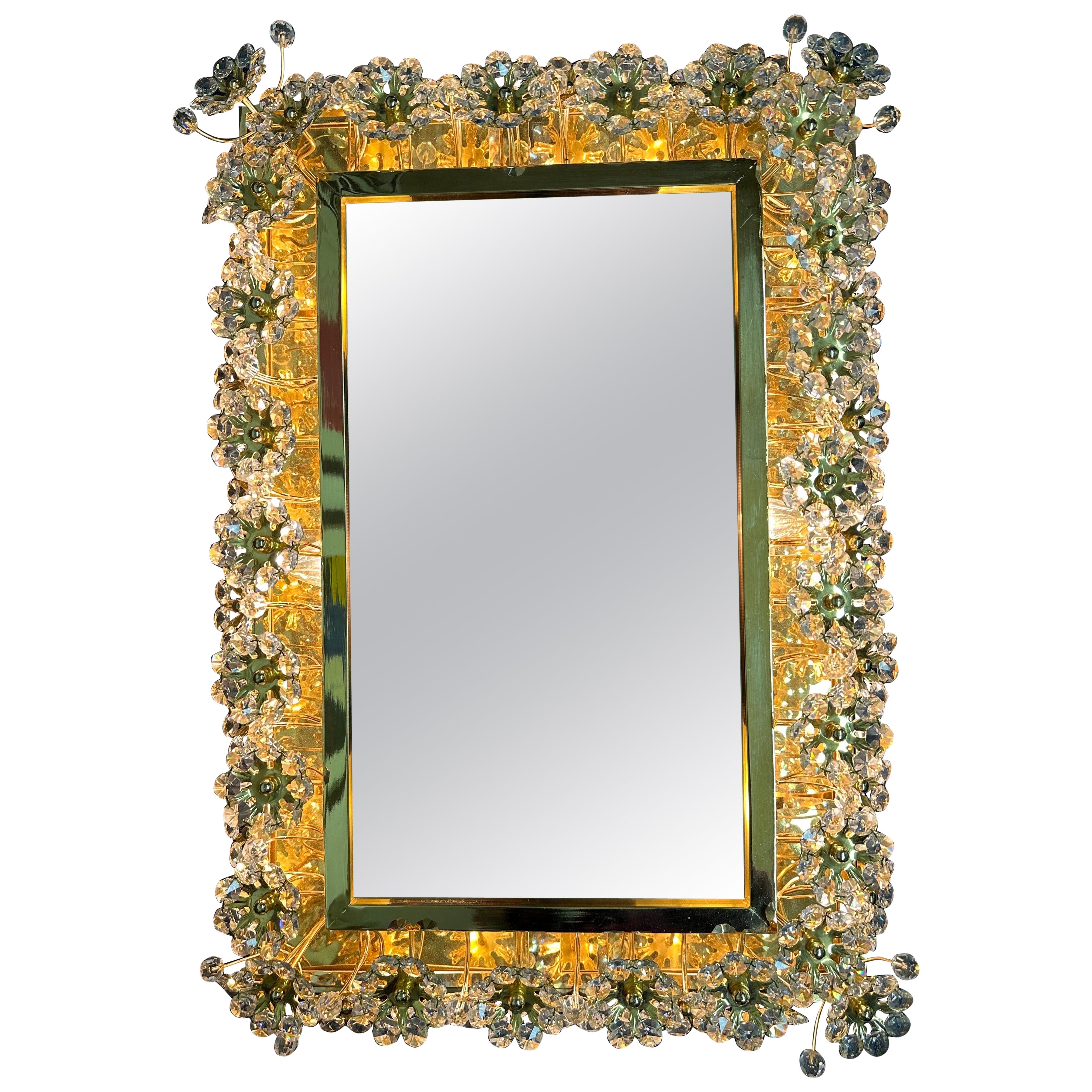 Illuminated Mirror with Crystal Flowers by Palwa For Sale