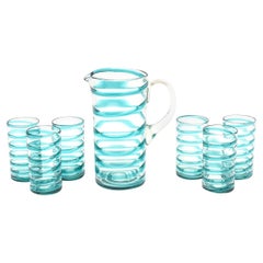 Murano Venini Turquoise Glass Swirled Ice Tea Or Lemonade Pitcher & Glasses Set