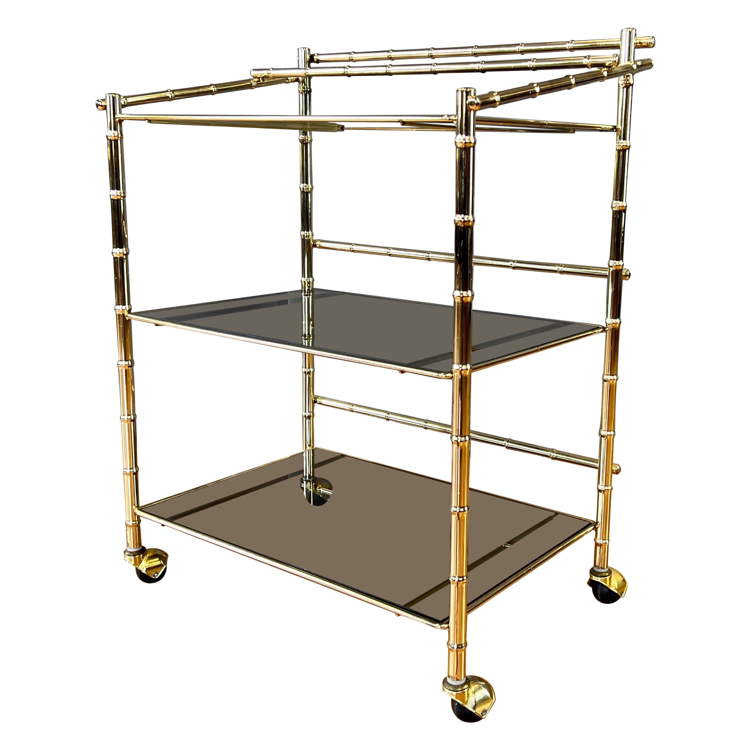 Three-Tiered Brass Faux Bamboo and Smoked Glass Bar Cart, 1970s For Sale