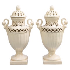 Pair of Mid-20th Century Italian Neoclassical Creamware Lidded Urns