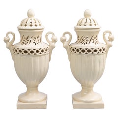 Pair of Mid-20th Century Italian Neoclassical Creamware Lidded Urns