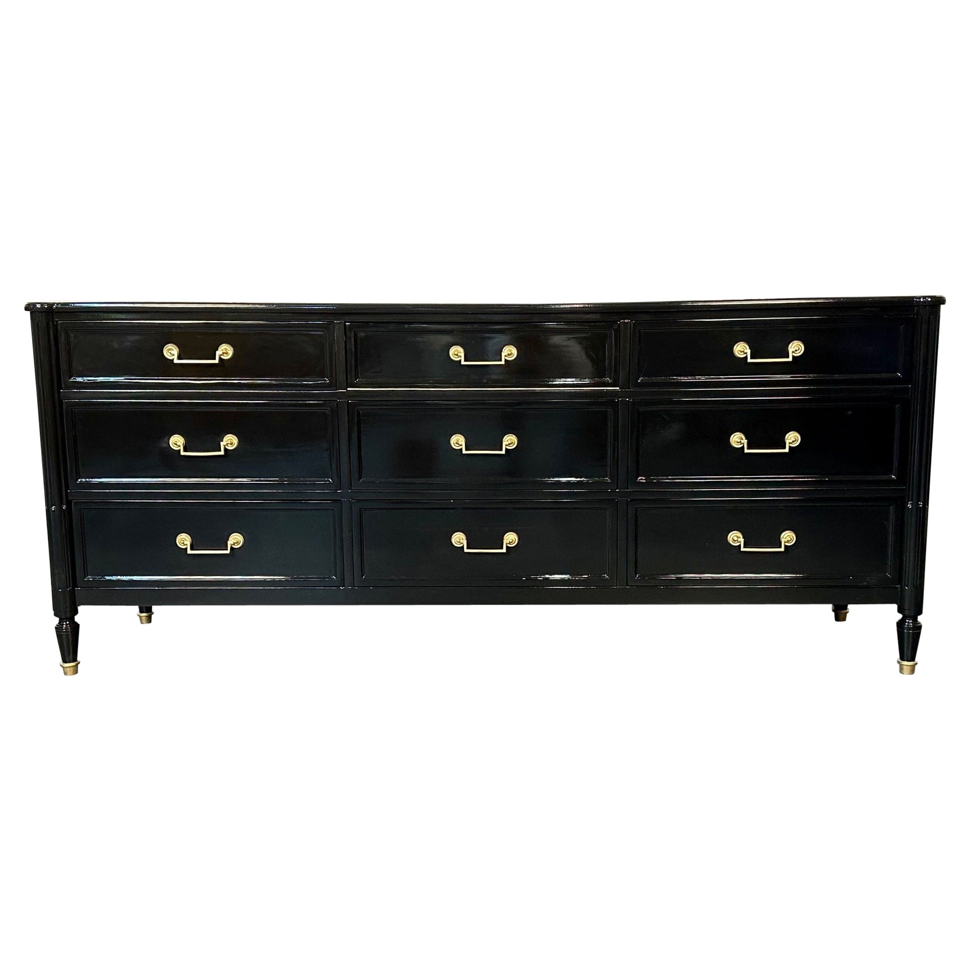 Hollywood Regency Ebony Lacquered Dresser, Chest of Drawers, Jansen Style Bronze