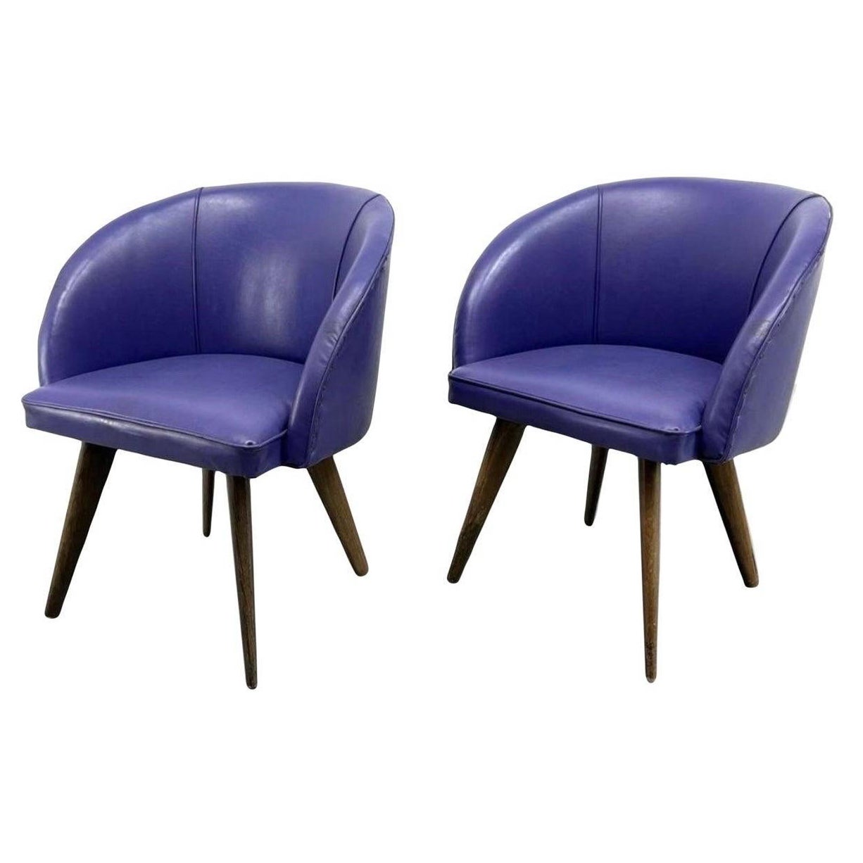 Danish Modern Purple Upholstered Barrel Tub Chairs - a Pair