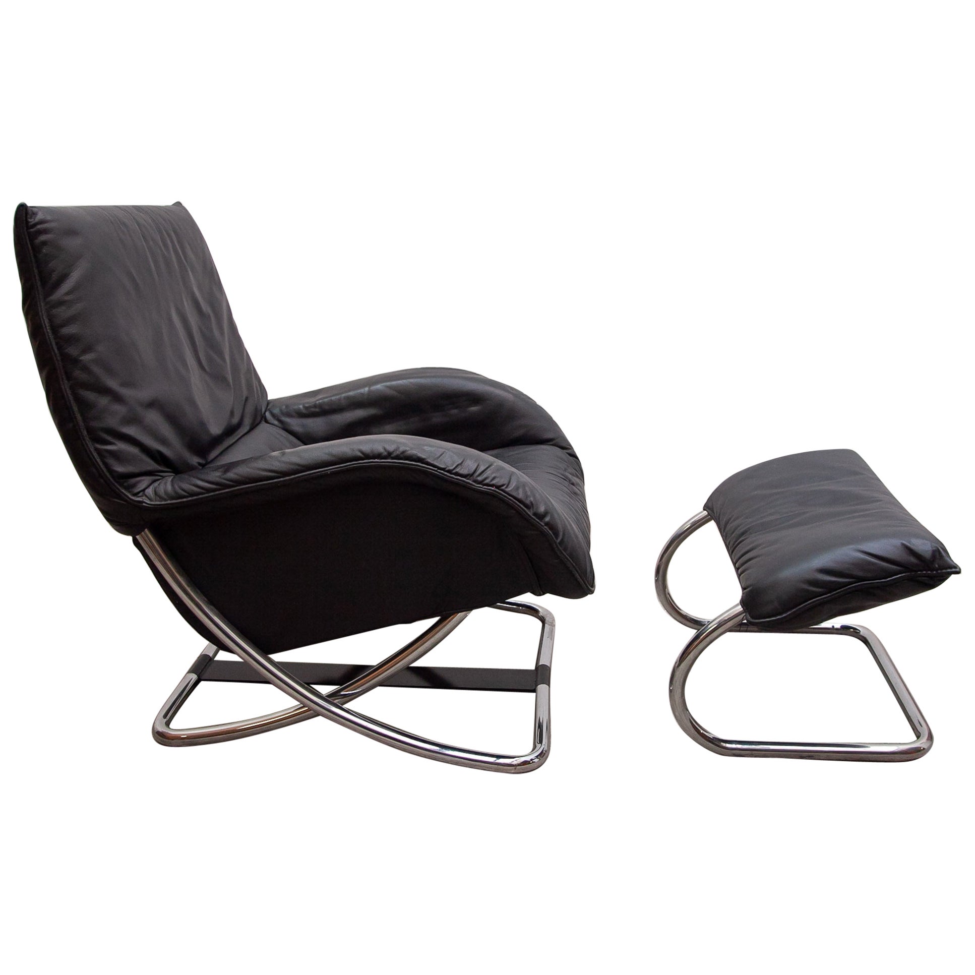 Robert Haussmann Style Chrome Rocking Lounge Chair with Footstool, 1980s For Sale