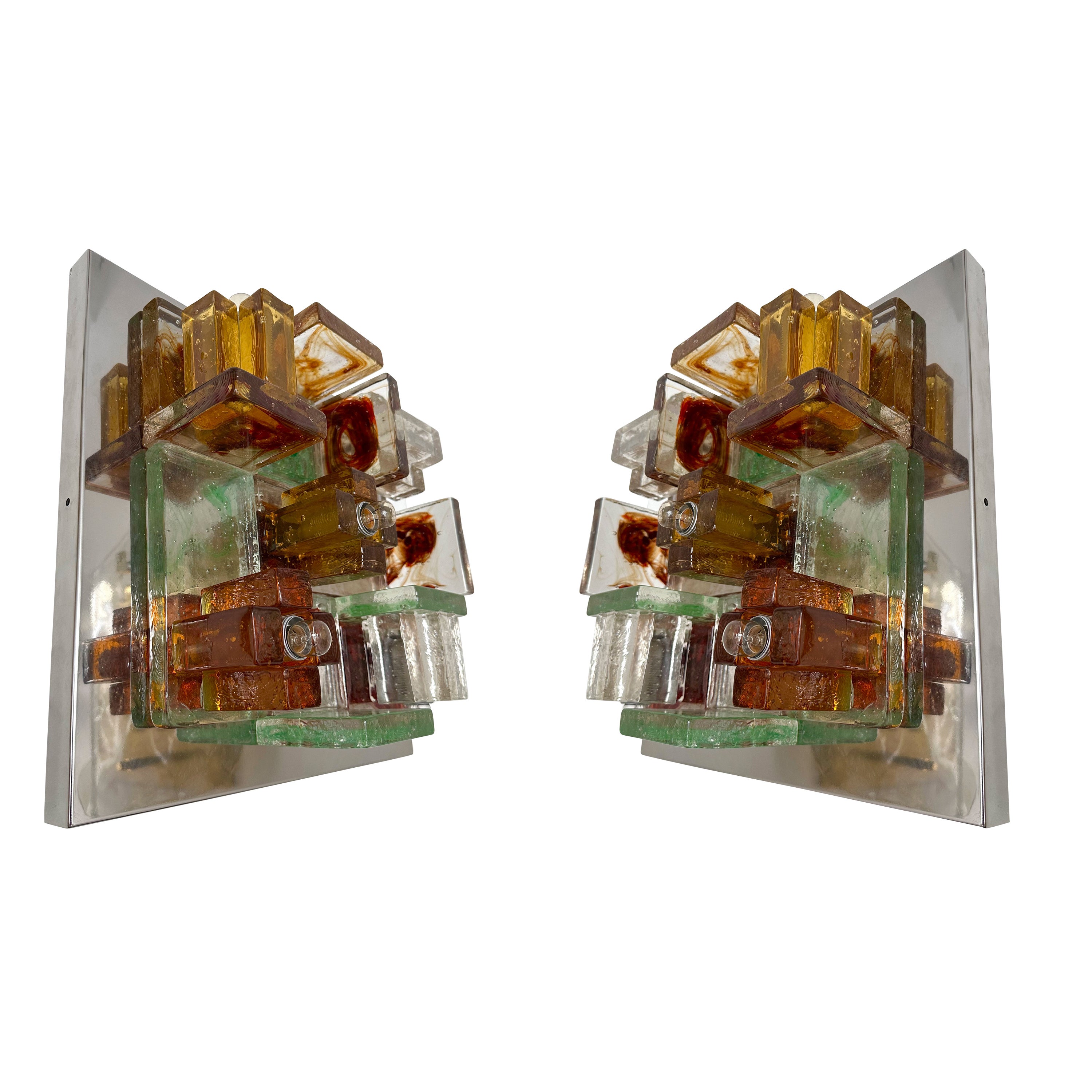 Pair of Geometry Glass Construction Metal Sconces by Poliarte, Italy, 1970s For Sale