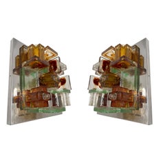 Vintage Pair of Geometry Glass Construction Metal Sconces by Poliarte, Italy, 1970s