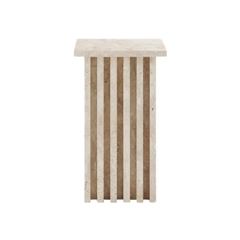 Custom Vondel Side Table Handcrafted in Travertine with rounded edges
