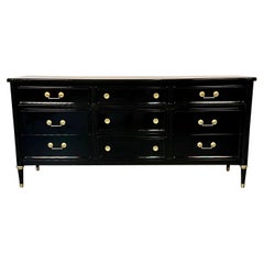 Commode laquée en ébène Hollywood Regency, commode, style Jansen Bronze